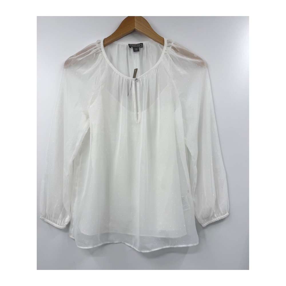 Point Sur‎ J.Crew White Clip Dot Metallic Blouse Sheer Lined Top XS K2549 Ivory